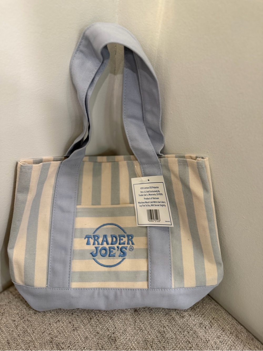 NWT Trader Joes Pastel Blue Striped Mini Tote Bag